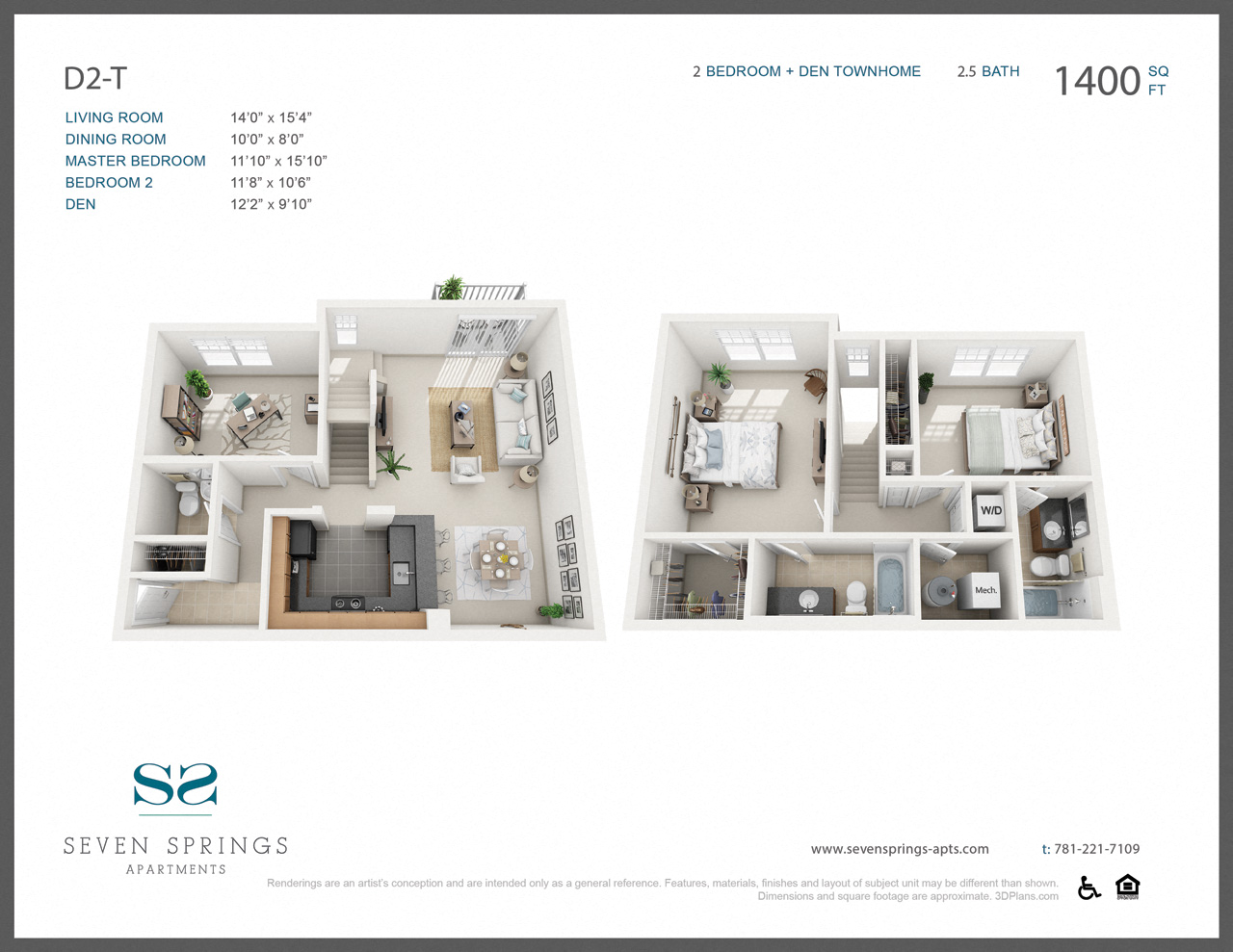 Floor plan for 2 beds, 2.5 baths, 1400 sqft