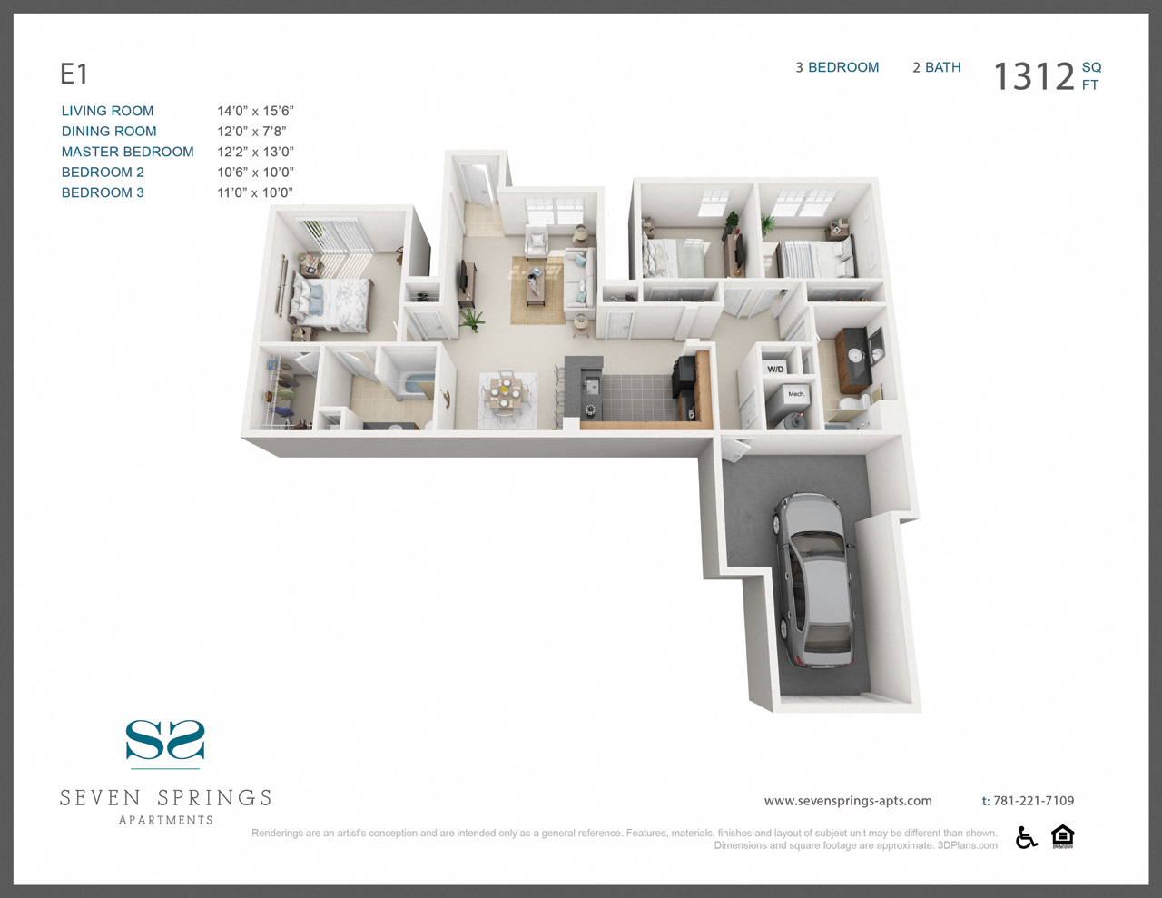 Floor plan for 3 beds, 2 baths, 1312 sqft