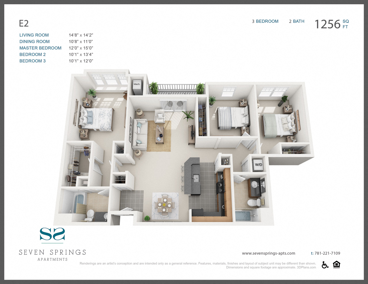 Floor plan for 3 beds, 2 baths, 1256 sqft