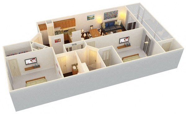 Floor plan for 2 beds, 2 baths, 950 sqft