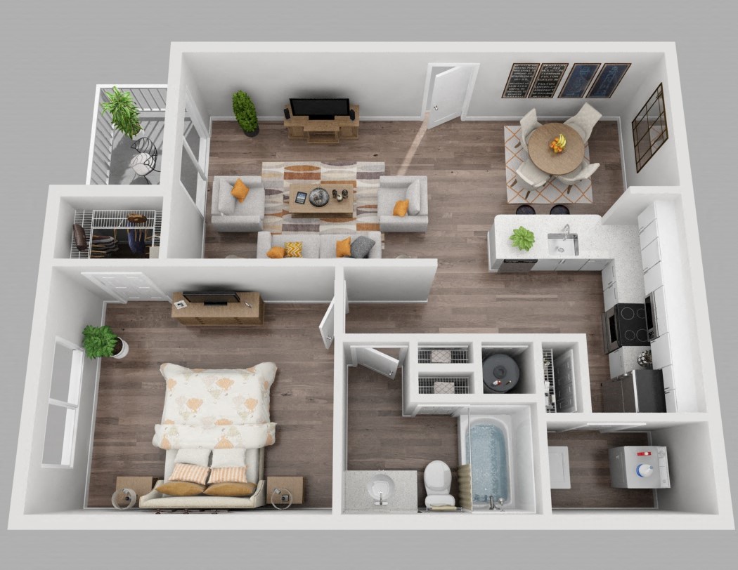Floor plan for 1 bed, 1 bath, 785 sqft