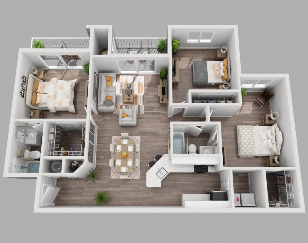 Floor plan for 3 beds, 2 baths, 1285 sqft