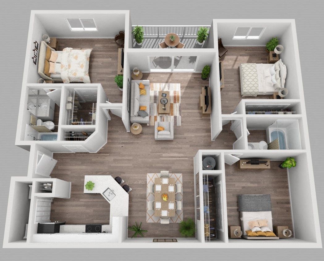 Floor plan for 3 beds, 2 baths, 1283 sqft