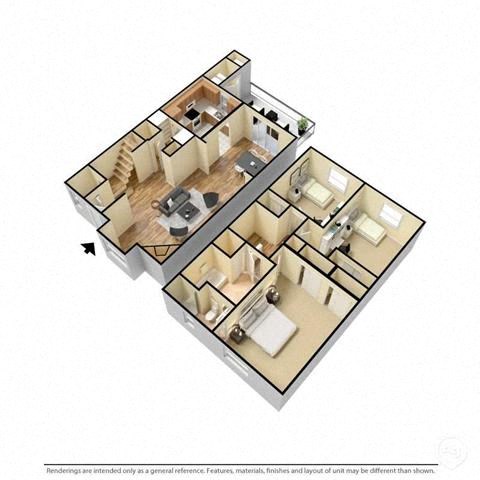Floor plan for 3 beds, 2 baths, 1056 sqft