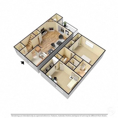 Floor plan for 2 beds, 1.5 baths, 953 sqft
