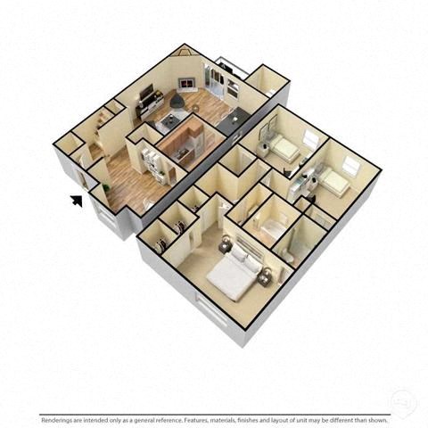 Floor plan for 3 beds, 2.5 baths, 1132 sqft