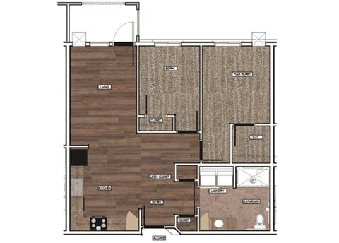 Floor plan for 2 beds, 1 bath, 869 sqft