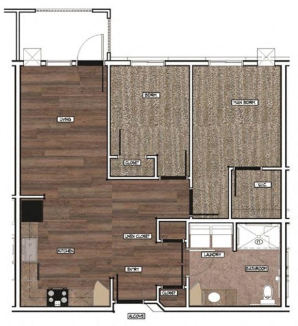 Floor plan for 2 beds, 1 bath, 869 sqft