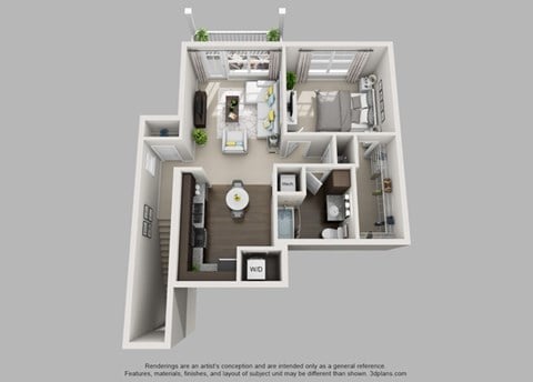 Floor plan for 1 bed, 1 bath, 840 sqft