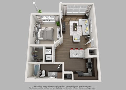 Floor plan for 1 bed, 1 bath, 755 sqft
