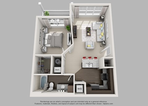 Floor plan for 1 bed, 1 bath, 755 sqft