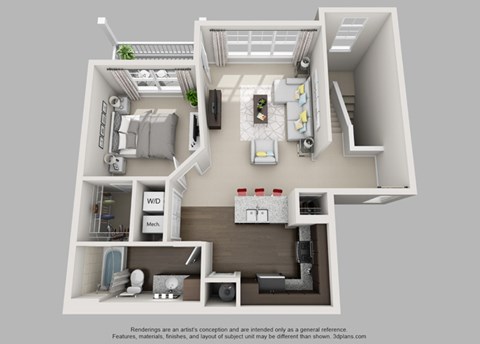Floor plan for 1 bed, 1 bath, 935 sqft