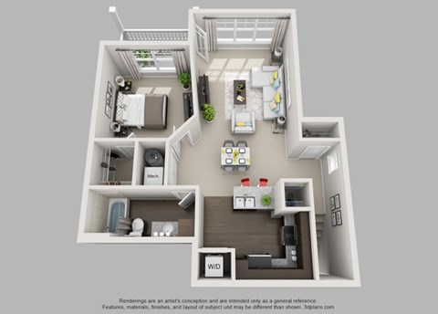 Floor plan for 1 bed, 1 bath, 943 sqft
