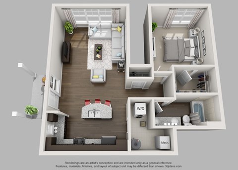 Floor plan for 1 bed, 1 bath, 897 sqft