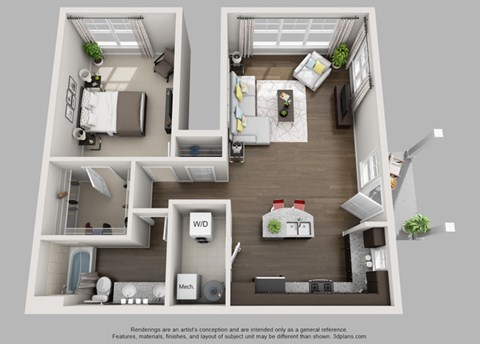 Floor plan for 1 bed, 1 bath, 936 sqft