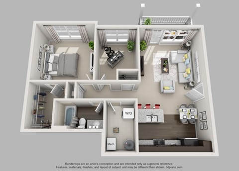 Floor plan for 1 bed, 1 bath, 960 sqft