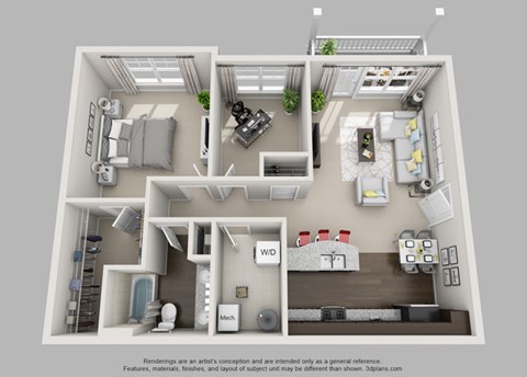 Floor plan for 1 bed, 1 bath, 1032 sqft