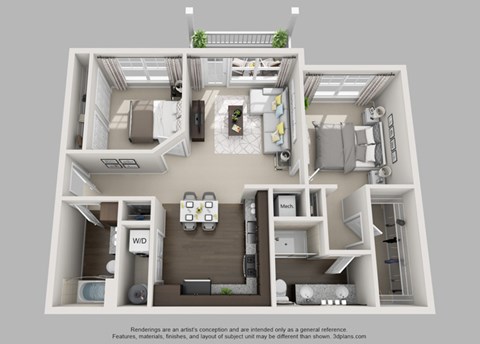 Floor plan for 2 beds, 2 baths, 1028 sqft