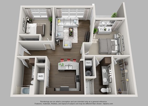 Floor plan for 2 beds, 2 baths, 1109 sqft