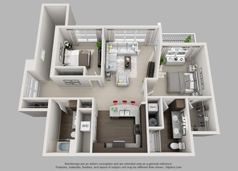 Floor plan for 2 beds, 2 baths, 1221 sqft