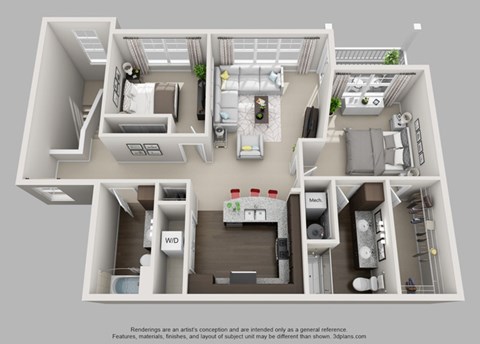 Floor plan for 2 beds, 2 baths, 1288 sqft