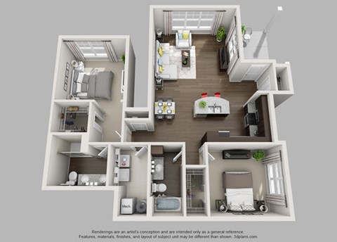 Floor plan for 2 beds, 2 baths, 1258 sqft