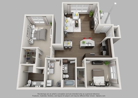 Floor plan for 2 beds, 2 baths, 1310 sqft