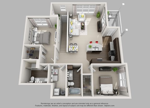 Floor plan for 2 beds, 2 baths, 1349 sqft