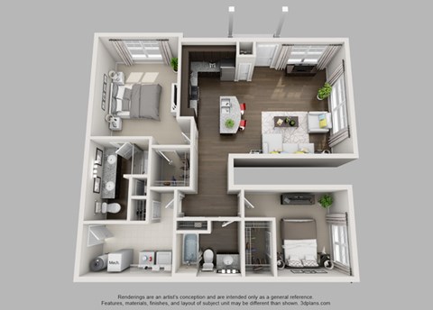 Floor plan for 2 beds, 2 baths, 1221 sqft