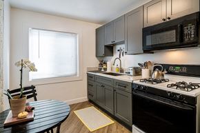 Los Angeles apartment for rent - a kitchen with black appliances and a black dining table