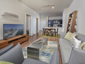 San Antonio apartment for rent - A living room with a grey couch and a wooden entertainment center.