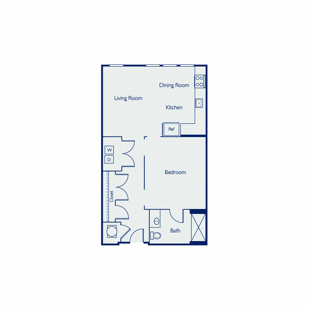 Floor plan for studio, 1 bath, 676 sqft