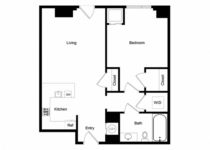 Floor plan for 1 bed, 1 bath, 665 sqft
