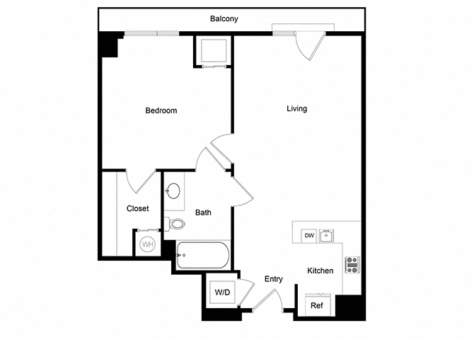 Floor plan for 1 bed, 1 bath, 670 sqft