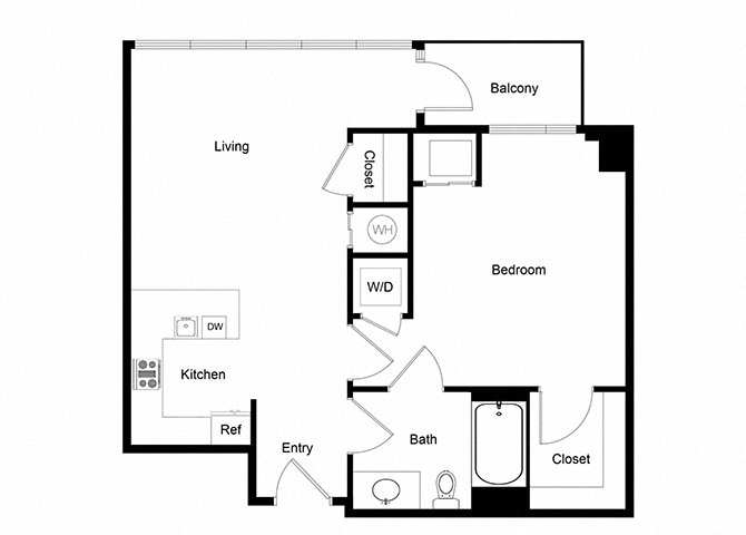 Floor plan for 1 bed, 1 bath, 700 sqft