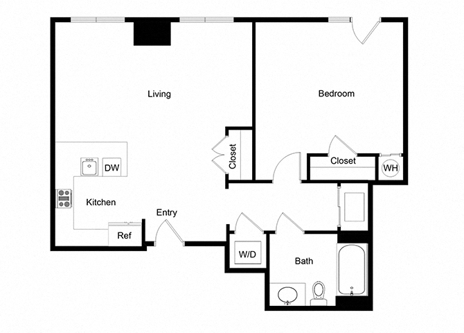 Floor plan for 1 bed, 1 bath, 795 sqft