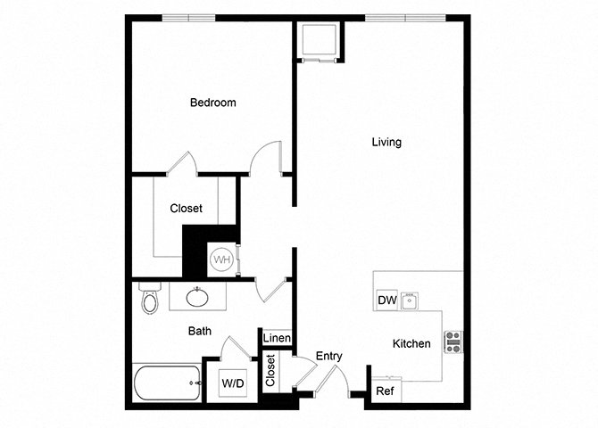 Floor plan for 1 bed, 1 bath, 795 sqft
