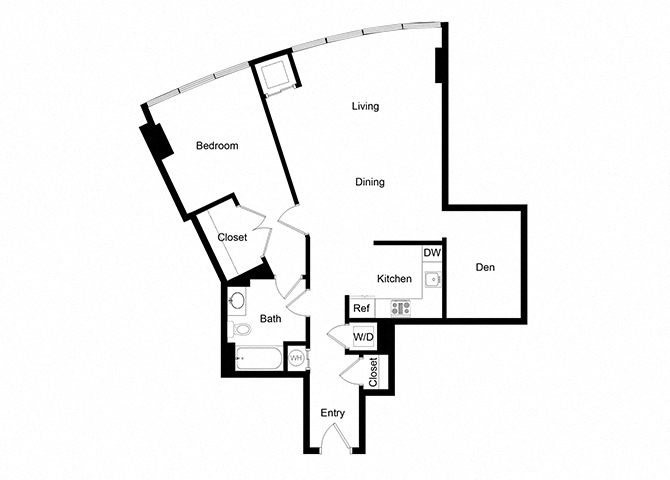 Floor plan for 1 bed, 1 bath, 980 sqft