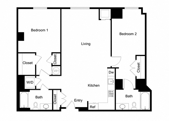 Floor plan for 2 beds, 2 baths, 1130 sqft