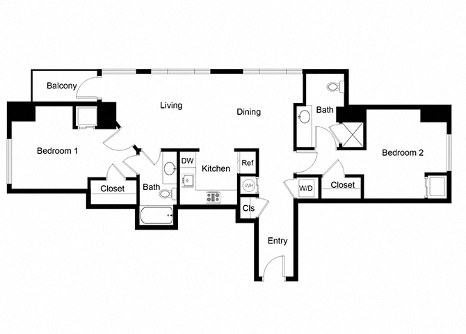 Floor plan for 2 beds, 2 baths, 1178 sqft