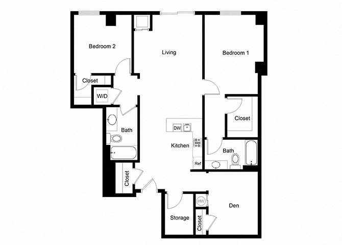 Floor plan for 2 beds, 2 baths, 1325 sqft