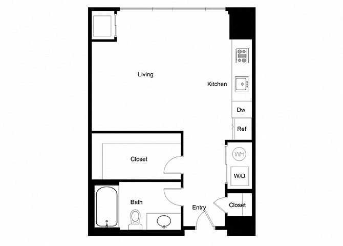 Floor plan for studio, 1 bath, 505 sqft