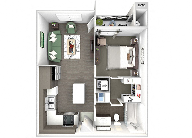 Floor plan for 1 bed, 1 bath, 664 sqft