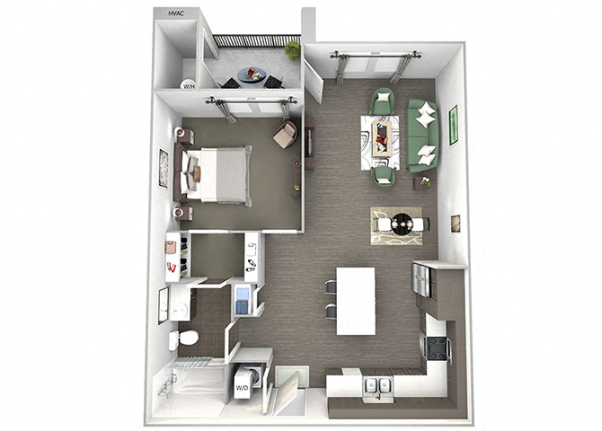 Floor plan for 1 bed, 1 bath, 757 sqft
