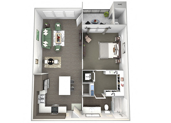 Floor plan for 1 bed, 1 bath, 858 sqft