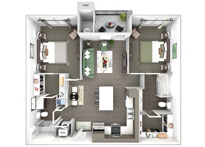 Floor plan for 2 beds, 2 baths, 1033 sqft