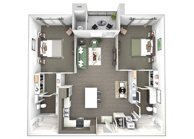 Floor plan for 2 beds, 2 baths, 1107 sqft