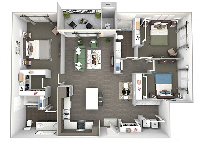 Floor plan for 3 beds, 2 baths, 1359 sqft