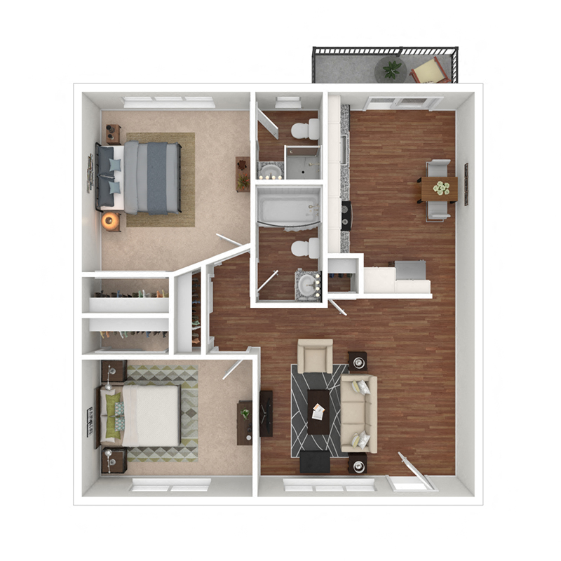 Floor plan for 2 beds, 2 baths, 770 sqft