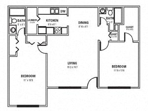Floor plan for 2 beds, 2 baths, 1038 sqft